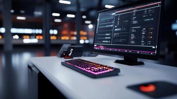 Modern office desk with computer displaying data analytics. photo