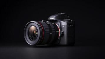 Professional DSLR camera with lens on dark background. photo