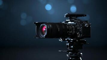 A camera on a tripod with a bright background photo
