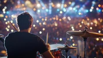 A drummer playing drums in front of a crowd photo