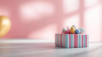 A small gift box with colorful balloons on a table photo