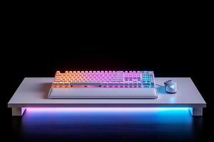 A keyboard and mouse on a white surface with colorful led lights photo