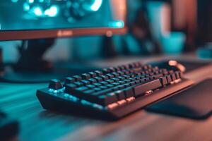 A keyboard and mouse on a desk photo