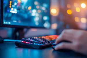 A person is using a computer mouse and keyboard photo