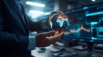 Man holding digital globe, global network, data. photo