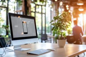 Modern desktop computer displaying phone app interface in a sunlit office. photo