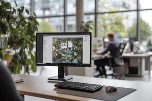 Modern office workspace with computer displaying project management software. photo