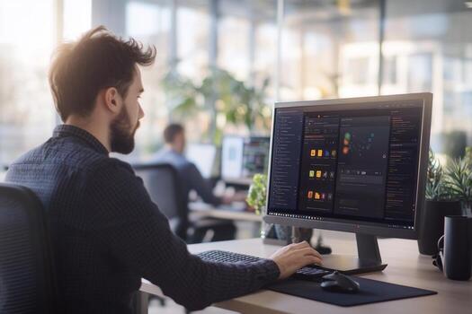 Programmer coding at office desk. photo