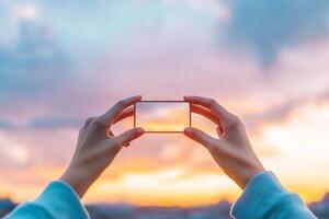 A person holding up a square camera with a sunset in the background photo
