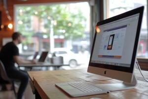 iMac displaying website design software in a coworking space. photo