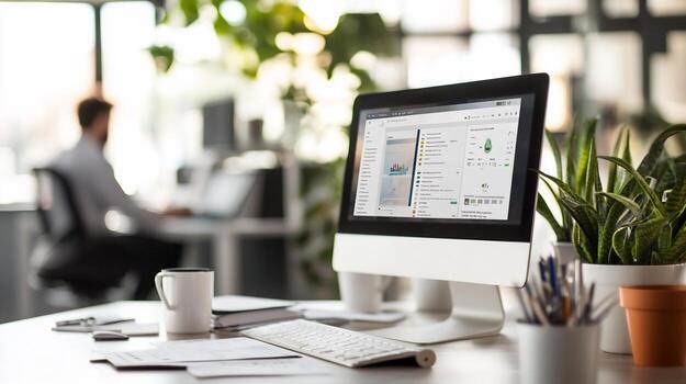 Modern office workspace with computer displaying data analytics. photo