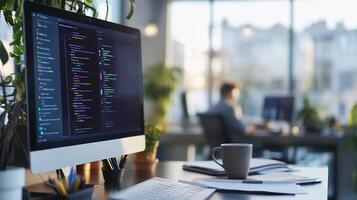 Code on computer screen in modern office. photo