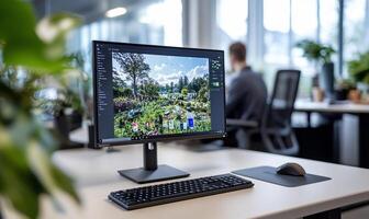 Modern office workspace with computer displaying garden image. photo