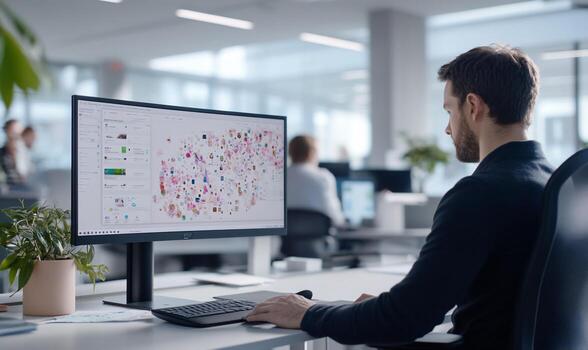 Man analyzing data on a large computer screen in a modern office. photo