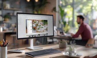 Modern workspace with computer displaying photo editing software.