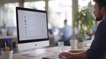 A man is sitting at a desk with a computer screen photo