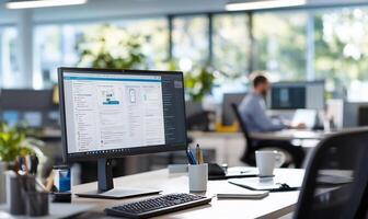 Modern office workspace with desktop computer displaying data analytics. photo