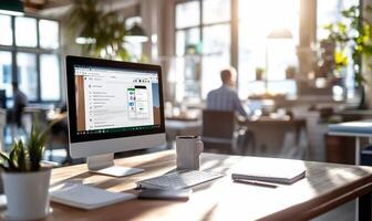Modern workspace with computer displaying software interface. photo