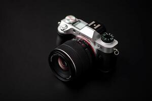 Modern mirrorless camera with lens on black background. photo