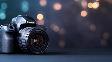 DSLR camera on dark surface with bokeh background. photo