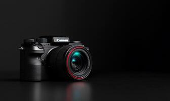 Black mirrorless camera with lens on dark background. photo