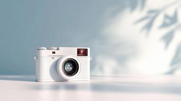 White camera on white surface with leaf shadows. photo