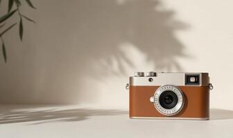 Retro camera on white surface with plant shadow. photo