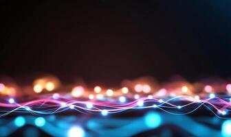 Abstract glowing wave lines and bokeh lights on dark background. photo