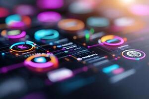 Futuristic digital interface with colorful data charts and graphs. photo