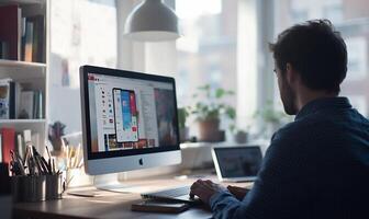 Man working on app design at home office. photo
