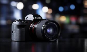 Mirrorless camera with lens on dark surface, bokeh background. photo
