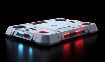 Futuristic white tech device with red and blue lights on dark background. photo