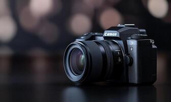 Professional DSLR camera with lens on dark surface. camera photo