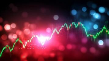 Dynamic stock market graph with red and green candlesticks on blurred bokeh background. photo