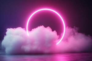 Pink neon circle ring above clouds, dark background. photo