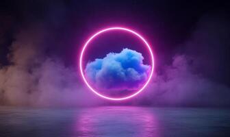 Glowing neon circle encompassing a cloud in a smoky environment. photo
