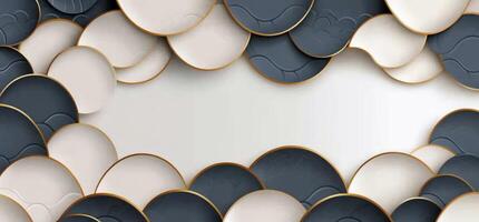Abstract white and dark gray overlapping circles with gold trim border background. photo