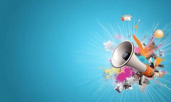 Megaphone with colorful paint splash burst. photo