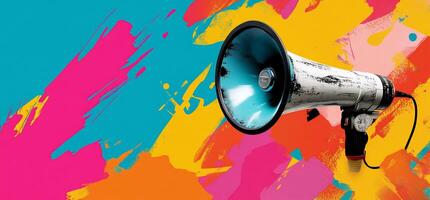 Colorful megaphone announcement against abstract paint splatters. photo