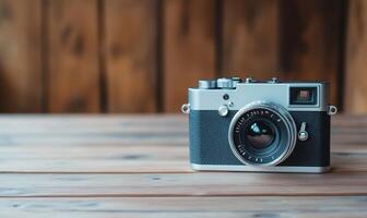 Vintage camera on wooden table. photo