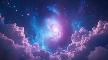 Cosmic swirl in vibrant nebula above clouds. photo