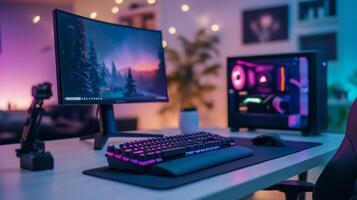 Modern gaming setup with curved monitor, keyboard, mouse, and PC tower. photo