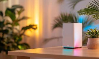 White smart home device on wooden table with plants. photo
