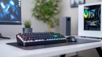 Illuminated keyboard on a gaming setup. photo