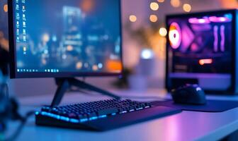 Illuminated gaming setup with keyboard, mouse, monitor, and PC tower. photo