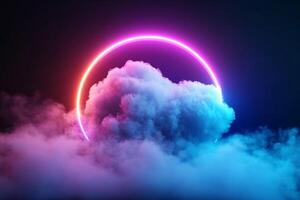 Glowing neon circle above clouds. photo