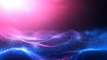Abstract pink and blue wave background with glowing particles. photo