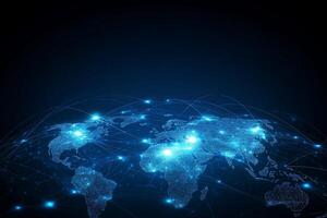 Global network connection, world map with glowing nodes and lines. photo