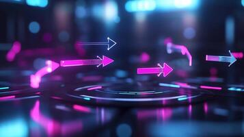 Abstract neon arrows flow on digital interface. photo
