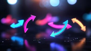 Neon arrows floating in dark space, digital concept. photo